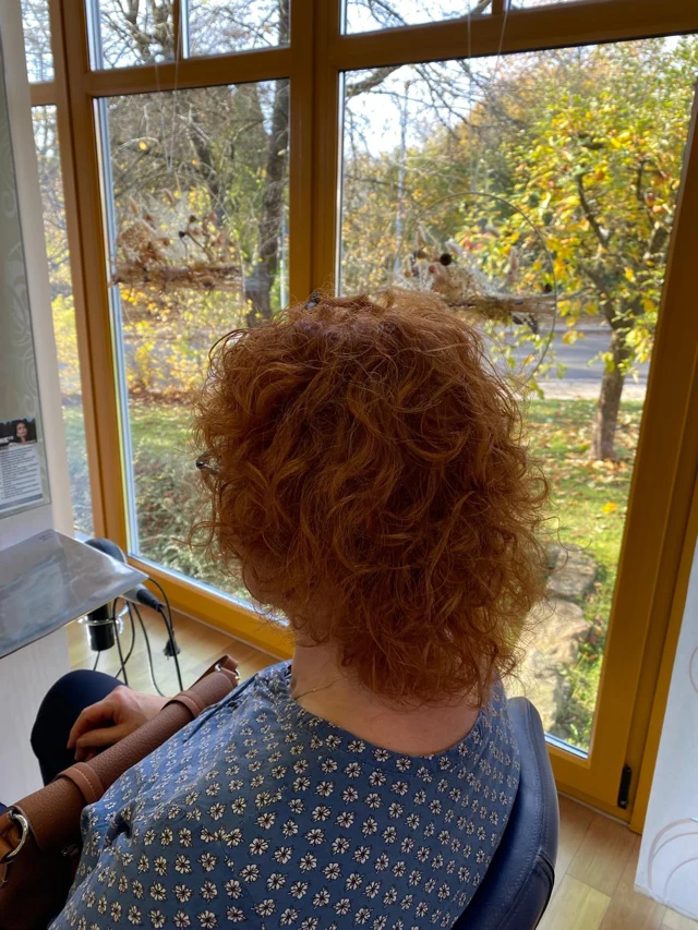 Kupferfarbene Locken von hinten vor einem Salonfenster
